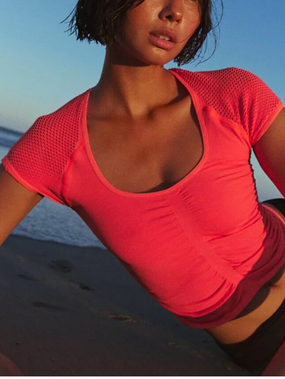 FP Movement Free People Free For All Short Sleeve Mesh Top Hot Watermelon XS/S